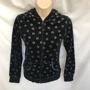 Black Zip Up Hooded Jacket w/Silver Peace Signs Child Size M (10/12)